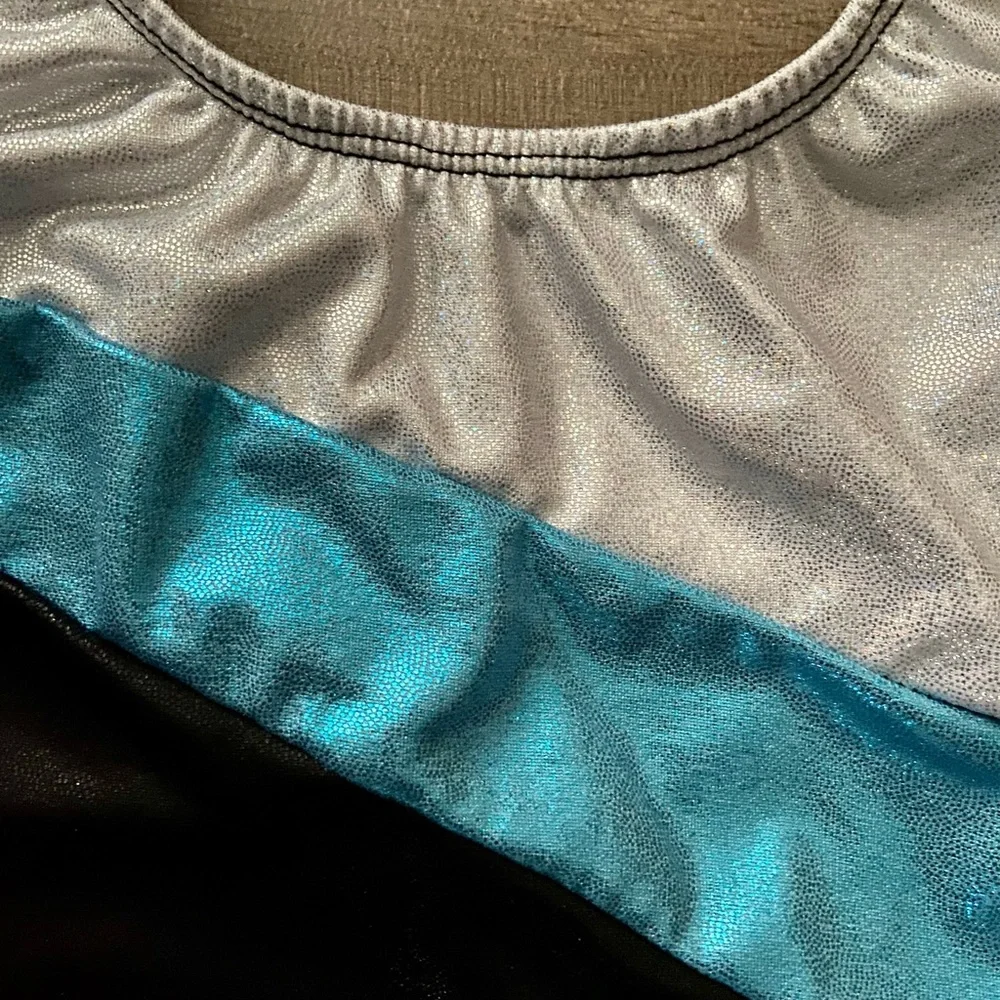Elite Silver, Blue, and Black Gymnastics Leotard
